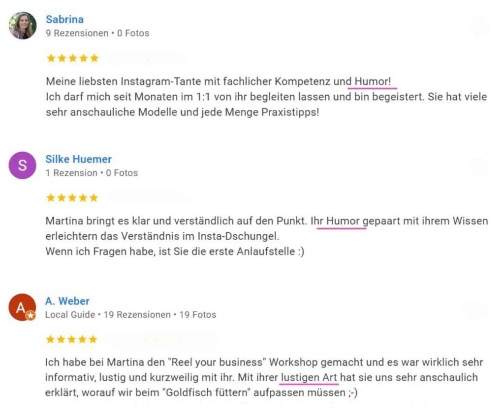 Auszug aus Martinas Google-Rezensionen. Sabrina, Silke und Alexandra betonen in ihren Rezensionen Martinas Humor und lustige Art.