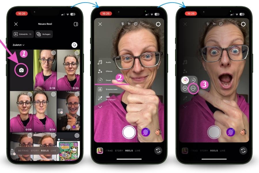 Drei Smartphone-Screens mit Martina Lörracher-Leeb in pinker Weste: Drei Schritte zum Erstellen eines Instagram Reels als Alternative zu Instagram Live